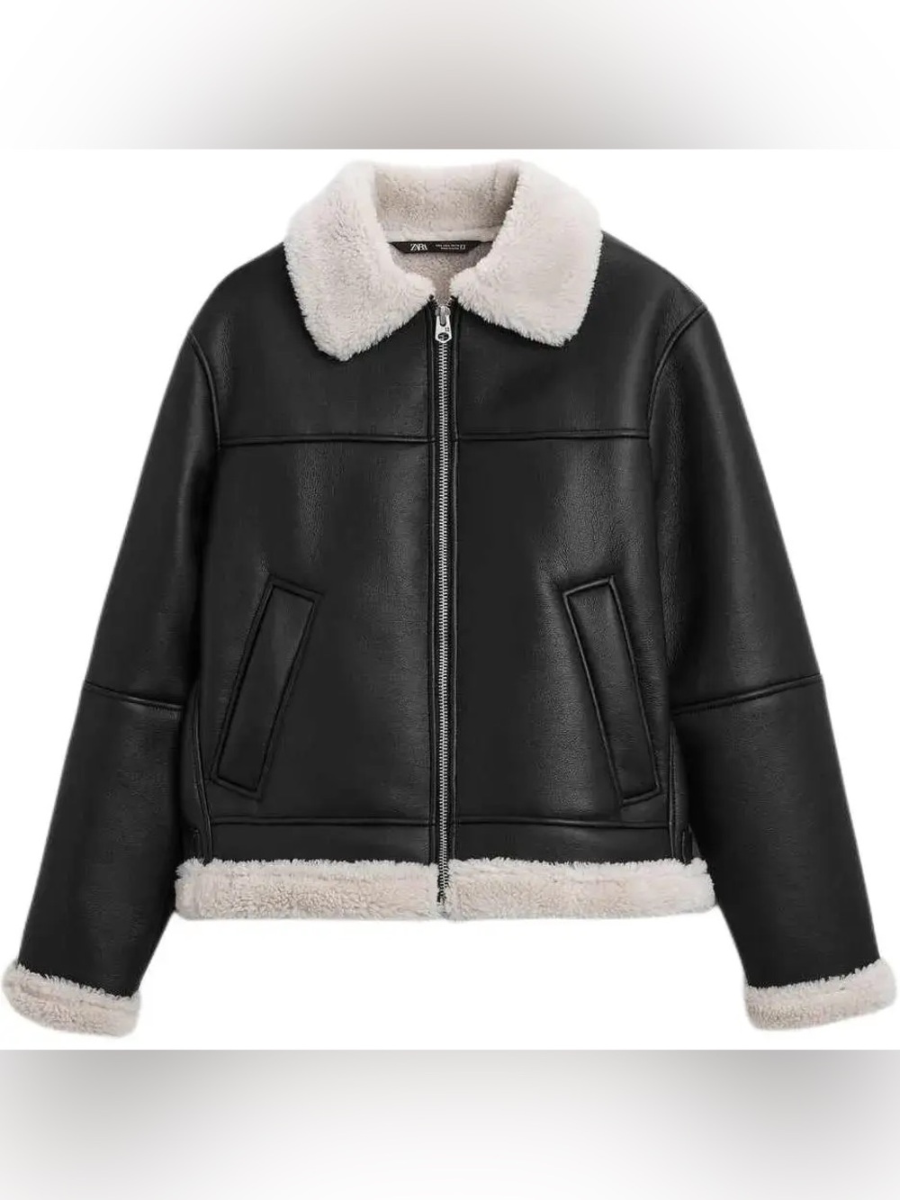 ZARA Black Faux Leather Bomber Jacket with Cream Shearling Trim